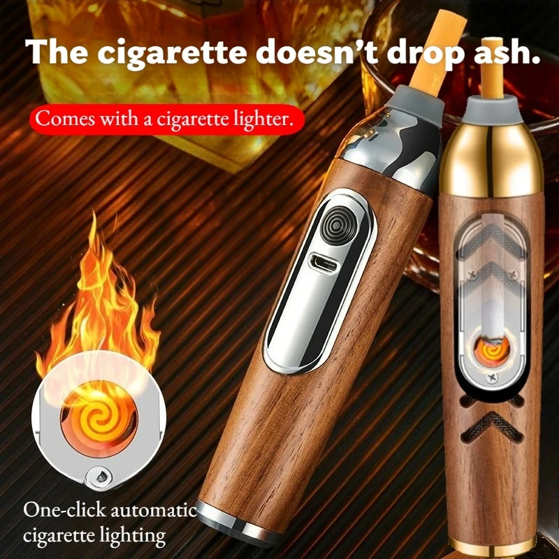 Walnut Wood 2-in-1 USB Rechargeable Electric Lighter & Ash Holder, No-Drop Cigarette Gadget for Car, Outdoor & Daily Use