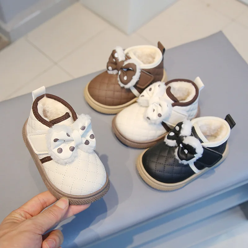 

Children Cotton Plush Soft Soled Infant Winter Shoes Cute Bow Anti Slip Snow Boots Comfortable Baby Princess Style Walking Shoes