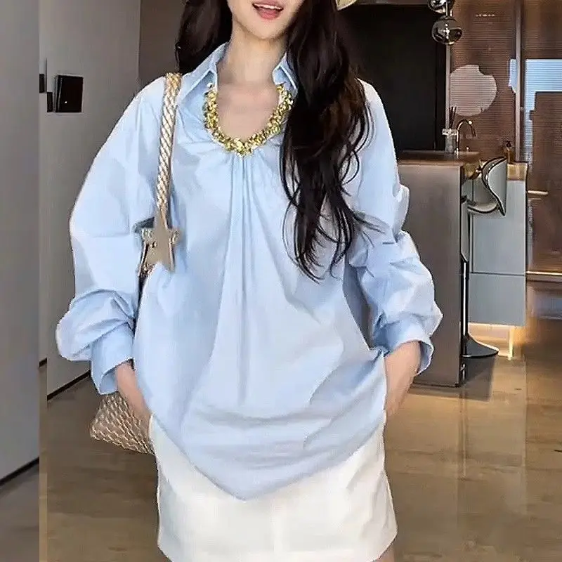 

Light Mature Style Pleated Lapel Loose Shirt for Women 2025 Blue Popular Top for Women