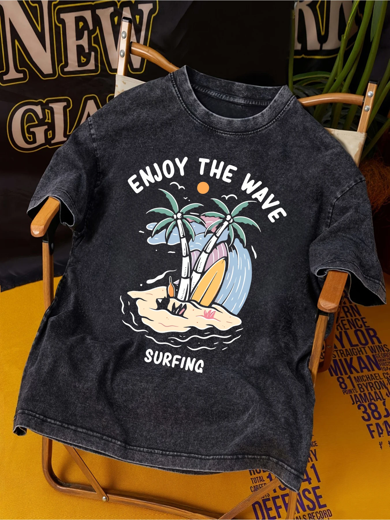 Enjoy The Wave Surfing Printed Washed T-Shirts Men Oversized O-Neck Tops Cotton Breathable Short Sleeve Summer Casual T-Shirt