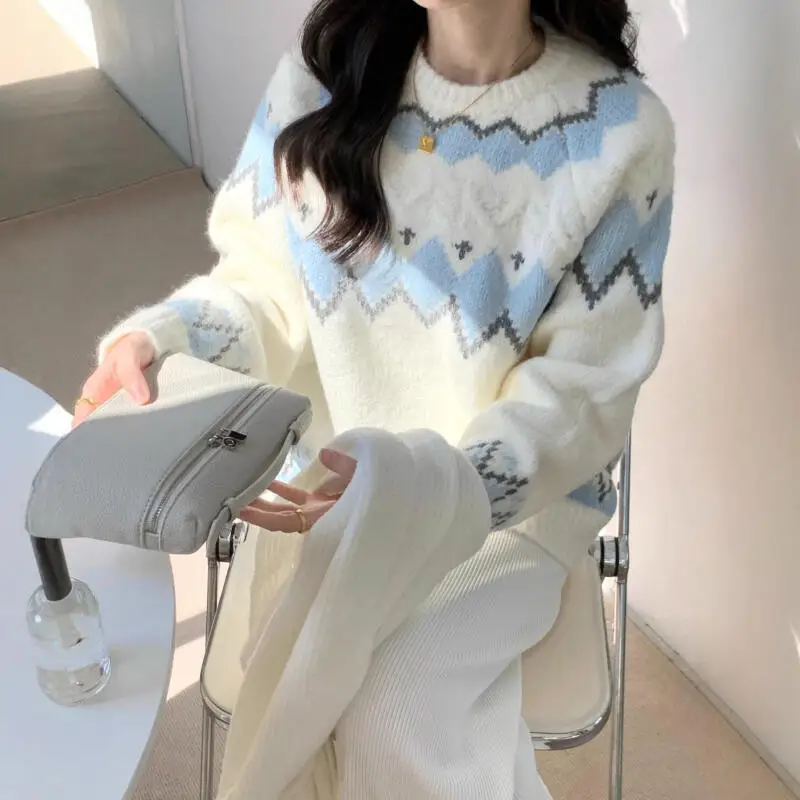 

Жаккардовый свитер Fair Isle для девочек, кардиган, трикотаж, пуловер, пуловер в консервативном стиле с принтом, уменьшение возраста, женская одежда, осень-зима