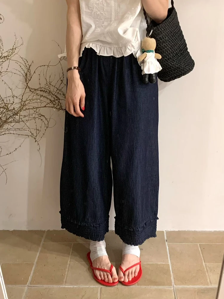 

Spring 2026 Women's Loose Fit Nine-Tenths Thin Silk Denim Pants High Waist Wide Leg Jeans Casual Style Wooden Ear Design