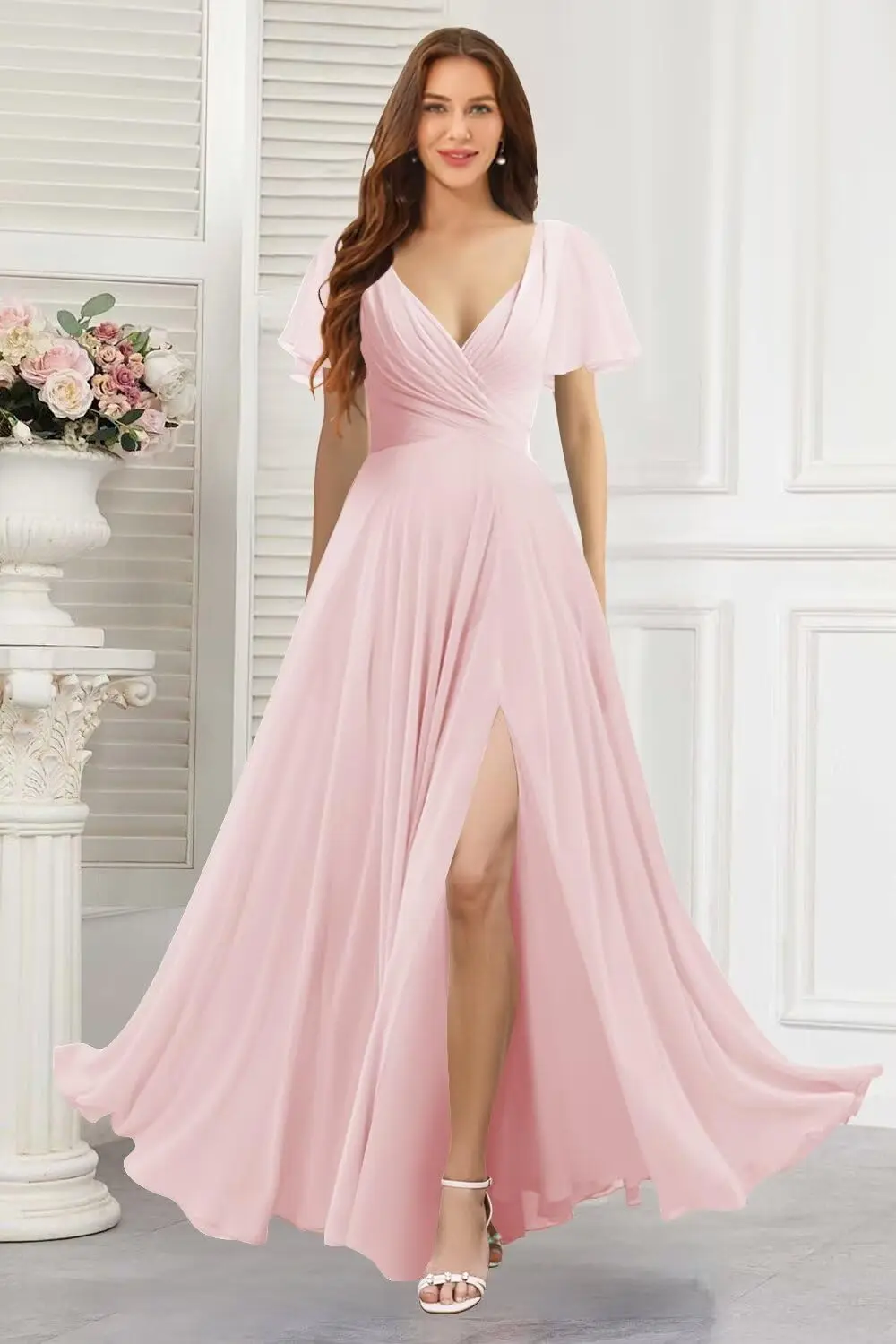 Women's V Neck Bridesmaid Dresses with Slit 2025 Chiffon Short Sleeves A Line Long Formal Elegant Dress Women for Wedding Party