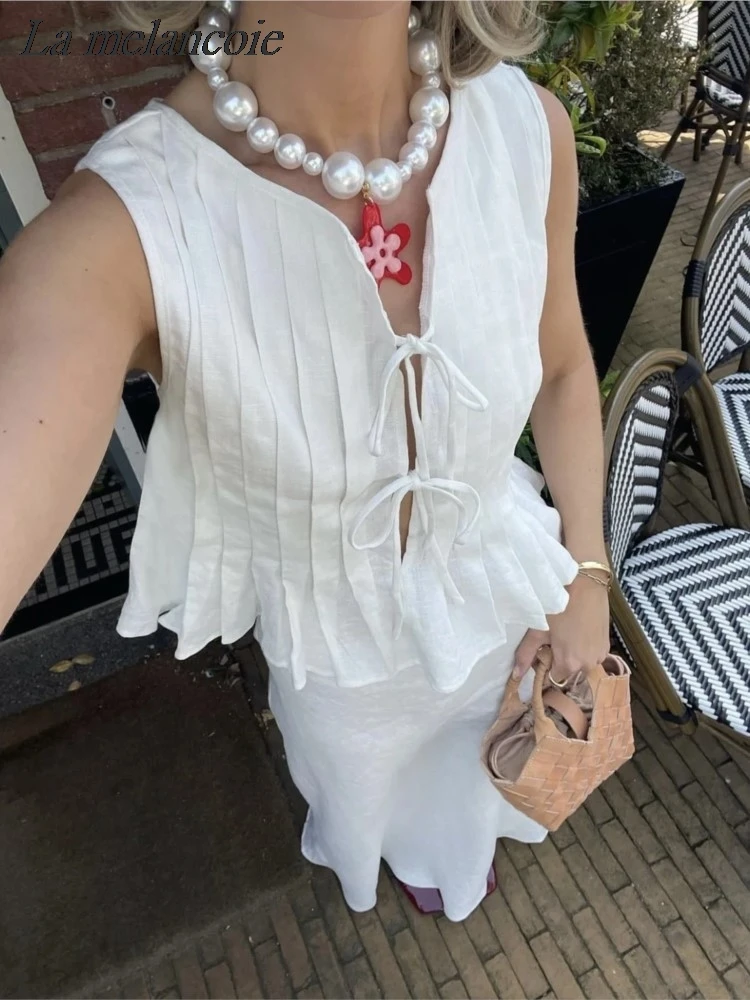 Cotton Linen White Shirt For Woman Folded Ruffles Lace Up Bow Shirts+Long Skirt Summer 2024 New Fashion Casual Sleeveless Tops