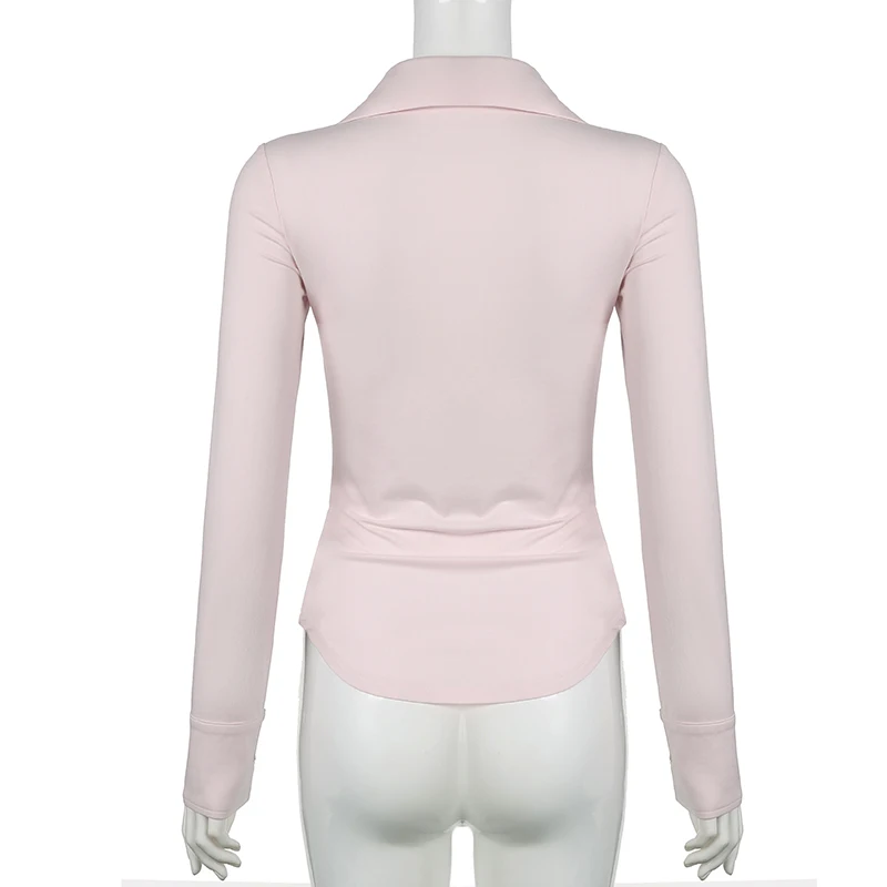 Darlingaga coreano dulce elegante camisa rosa mujer otoño ceñido al cuerpo pliegues en el pecho dobladillo curvo Top blusa Y2K Coquette tendencia estética