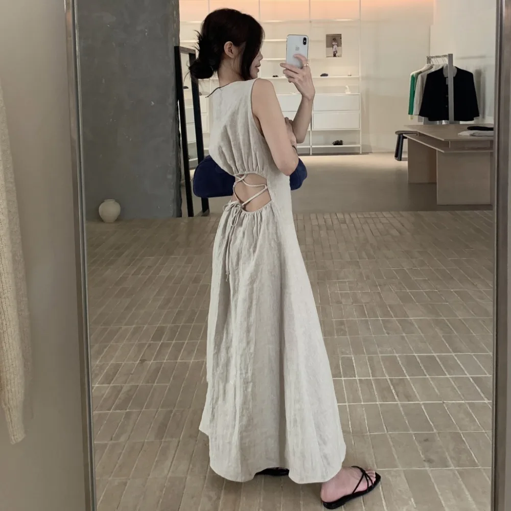 Abito lungo senza maniche senza maniche in lino di cotone Abito estivo da donna con scollo a V Fasciatura Vacanza Midi Vestito estivo Donna femminile 2025