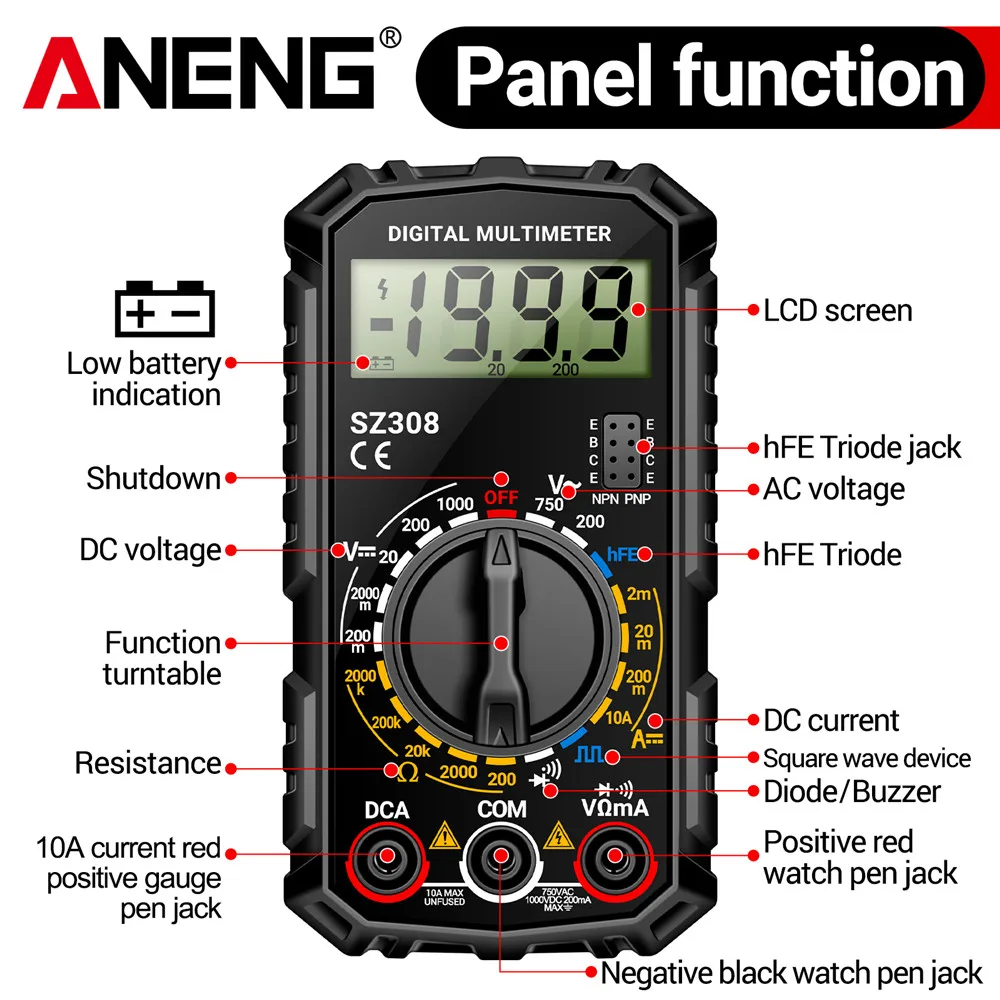 ANENG SZ308 1999 Count Digital Multimeter AC/DC High-Precision Multi-function Voltage Current Resistance Multimeter Tester Tools
