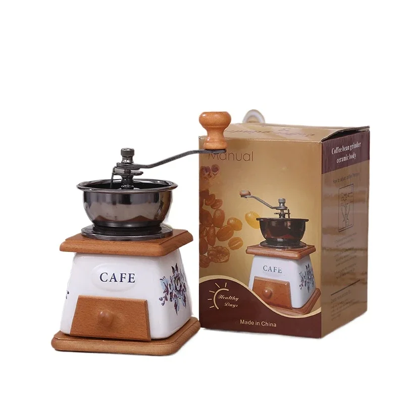 

Household ceramic wooden box coffee grinder wholesale, mini bean grinder retro coffee machine hand crank bean grinder