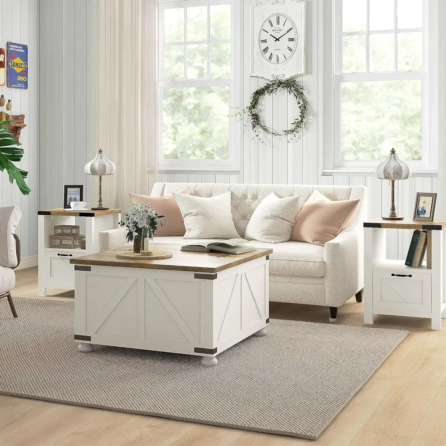 Farmhouse Square Coffee Table com Armazenamento, Mesa Central com Flip Dobrado, Lift Top, Sala de estar