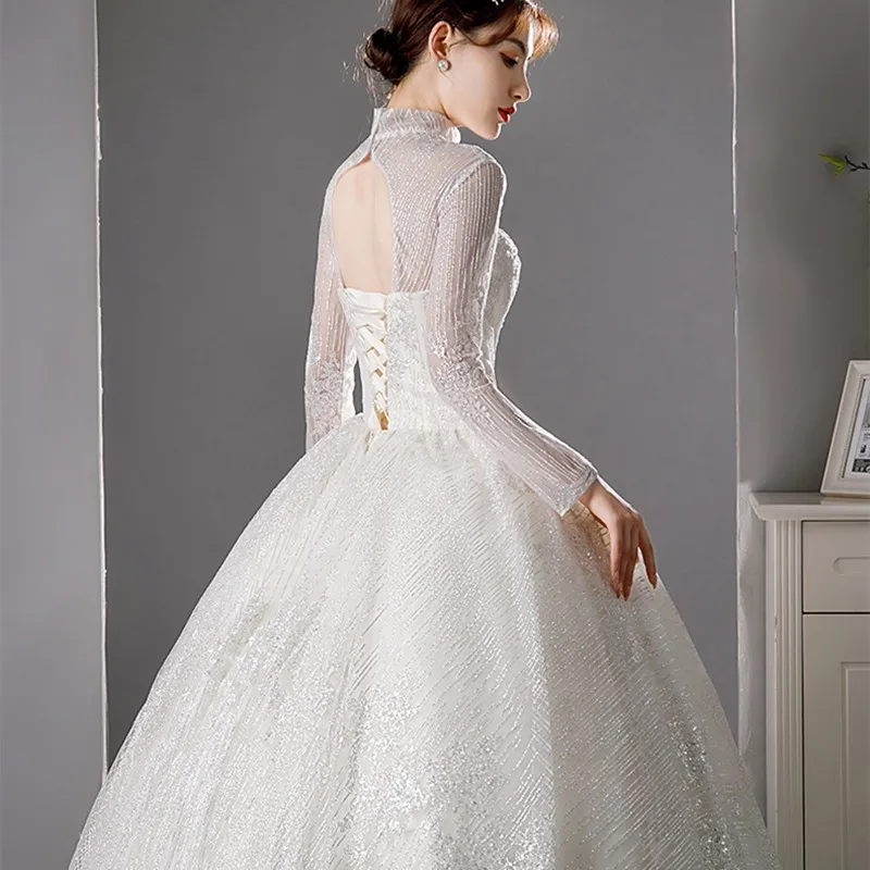 Customized High Collar Beads Long Full Sleeve Sparkling Splendid Wedding Dress For Women Vestido De Noiva Brides Ball Gown Lorie