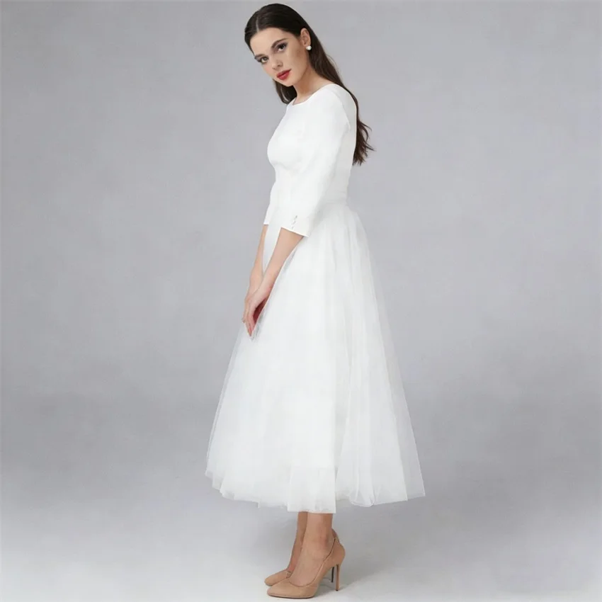 Customized Boho Simple Satin Midi Wedding Dresses for Bride Tea Length 3/4 Sleeves Short Bridal Gowns A Line Vestido De Noiva image 3