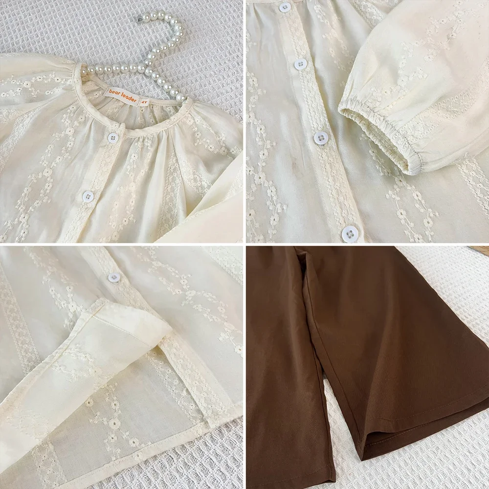 Koreanische Version Schlichte Süße Mädchenkleidung Beige Bedrucktes Langarm-Shirt Top+Braune Hose Herbst Lässiges Kinder-Zweiteiler-Set – Detail 8