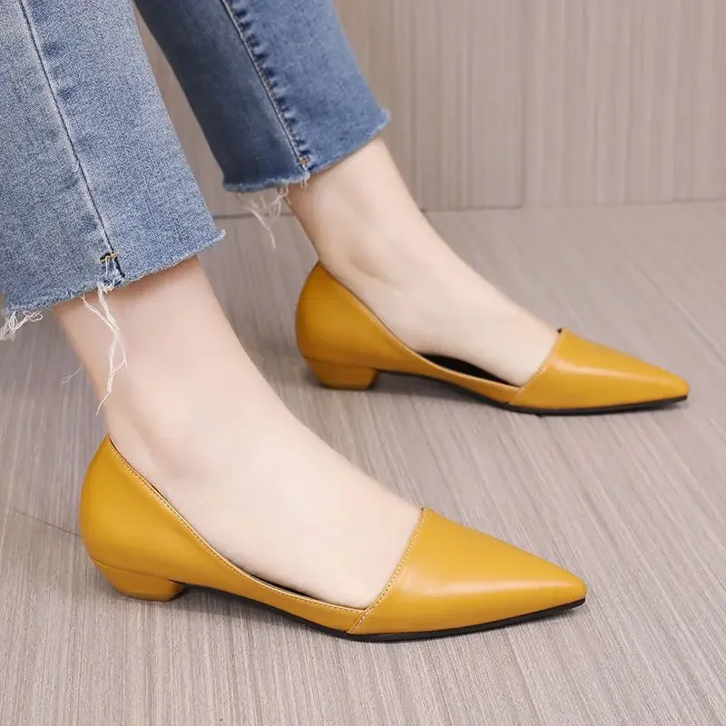 Normal Leather Casual Low Heel Elegant Woman Footwear Pointed Toe Office Shoes for Women Formal Off-white Chic Beau Today Trend