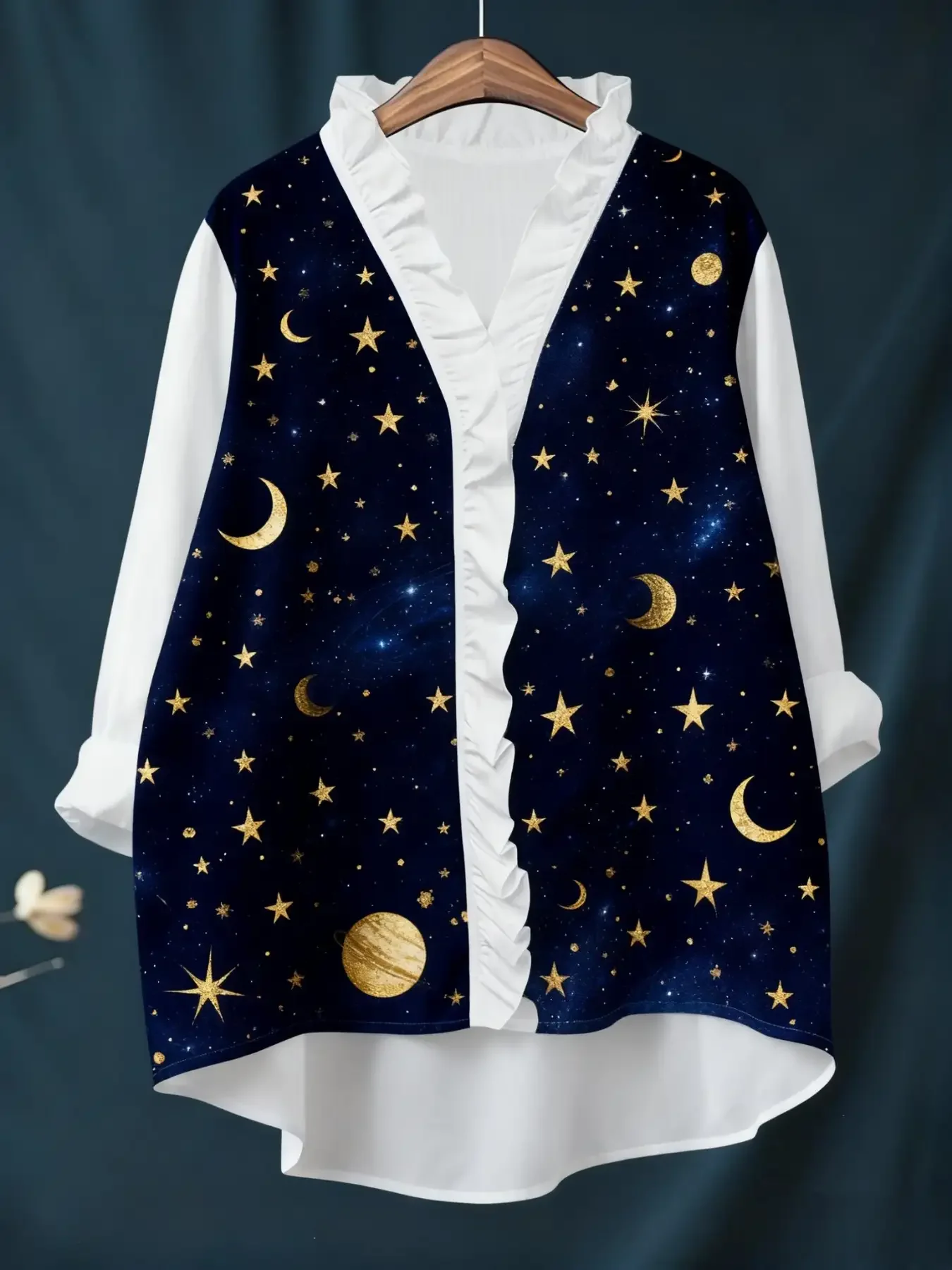 

2026 new women's printed long sleeved shirt with ruffled collar, Dress up for date night tops