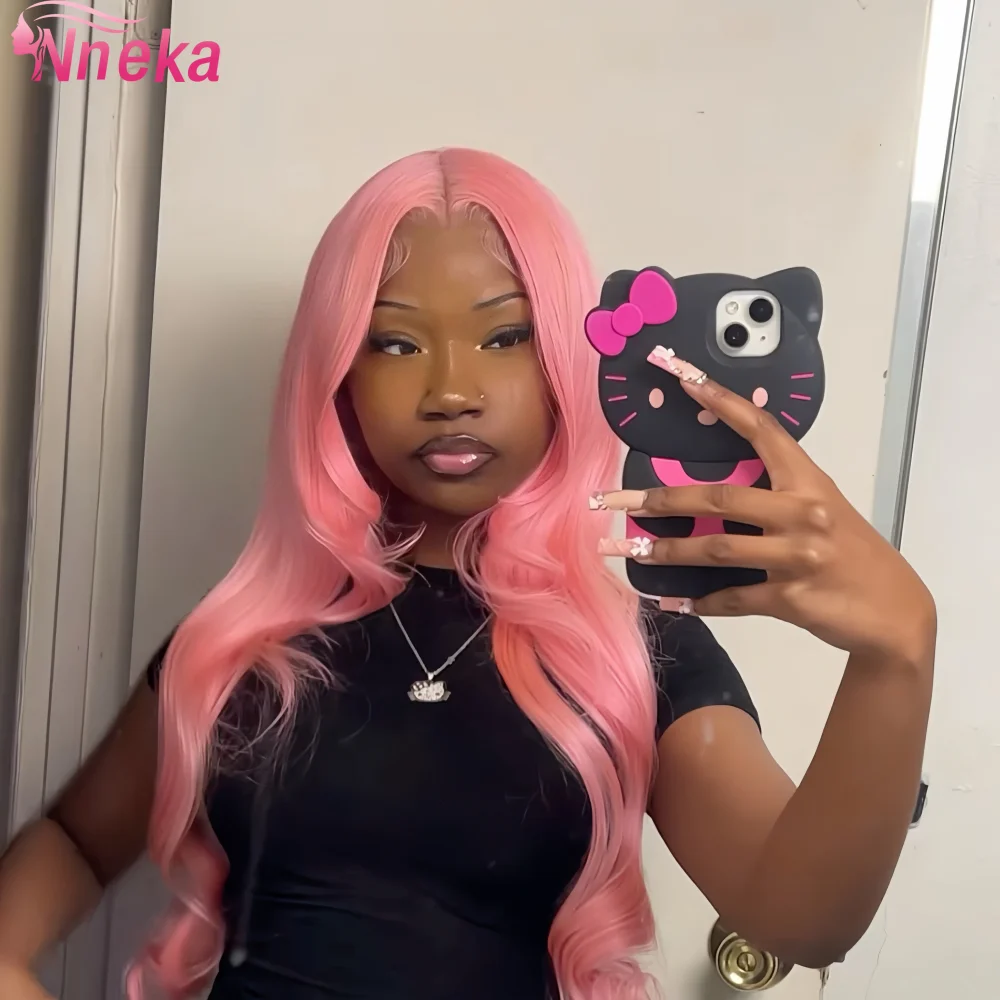 Onda do corpo peruca de cabelo humano luz rosa peruca dianteira do laço 13x6 hd peruca frontal do laço 200 densidade cabelo colorido brasileiro para preto