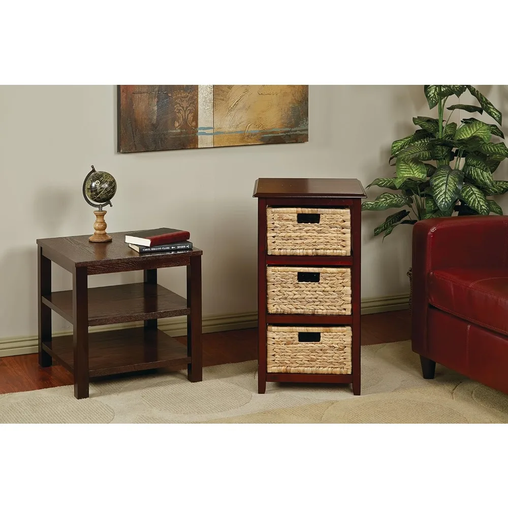 Storage Tower With Solid Wood Frame and Natural Baskets Bedside Tables 3-Drawer Espresso Finish Bedroom Furniture Home