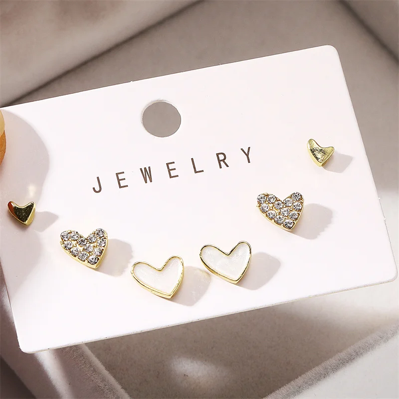 3 Pairs/set Cute Korean Earrings Heart Bling Zircon Shell Versatile Gold Color Earring for Women Fashion Jewelry 2026 New Gifts