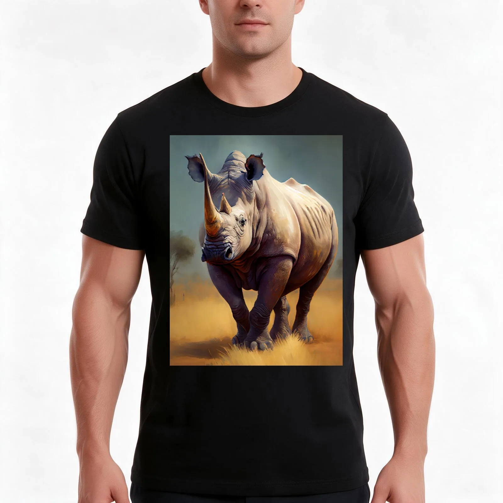Savanna Rhinoceros- Oil Paint T-Shirt, Summer Casual Cotton Tee, Oversized Streetwear Tops, Vintage Graphic Print, 100% Cotton
