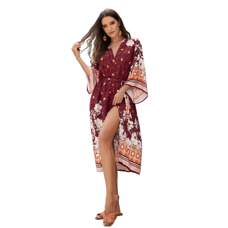 Cardigans Kimono à fleurs pour femmes, manches longues, robe plage ample, Cover-Up pour les maillots bain