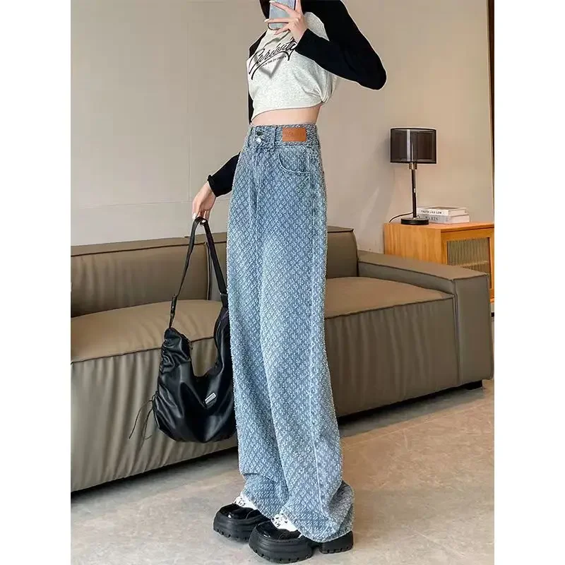 Women Vintage Denim Pants High-Waist Trousers Hollow Ripped Party Club Loose Straight Jeans Bottoms 90s Aesthetic Streetwear