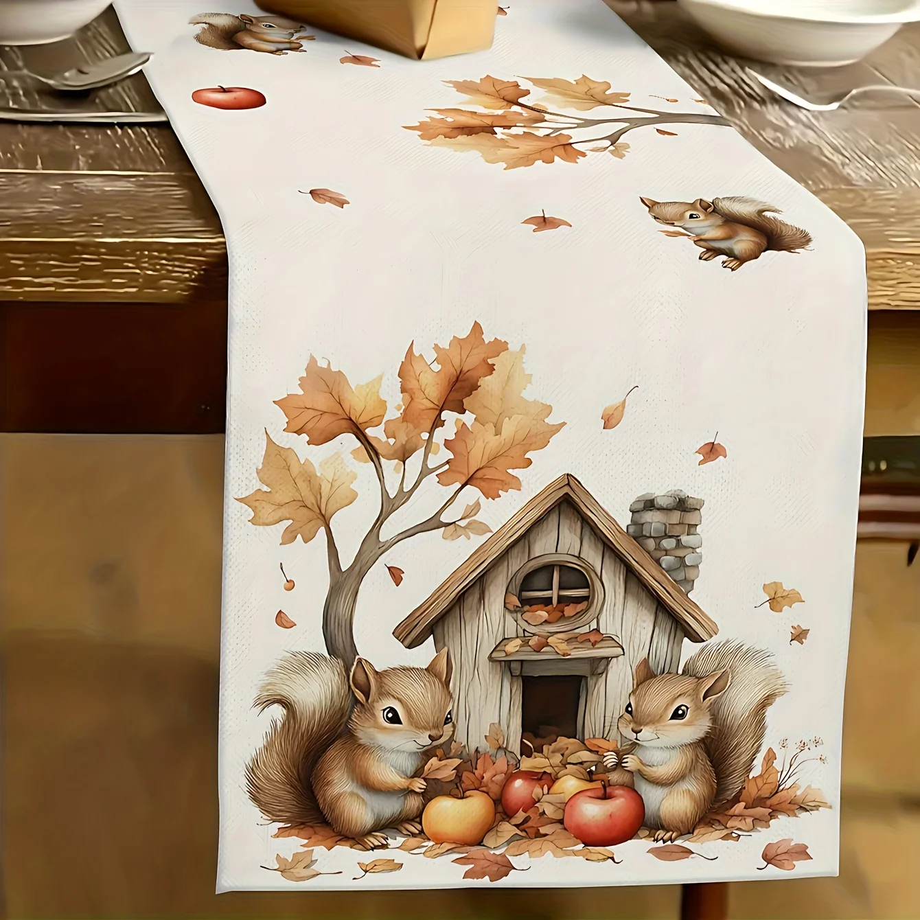 1 Modern Rectangular Autumn Squirrel Tablecloth Acorn Maple Leaf Apple Prints Home Kitchen Holiday Decor Seasonal Festive Dining