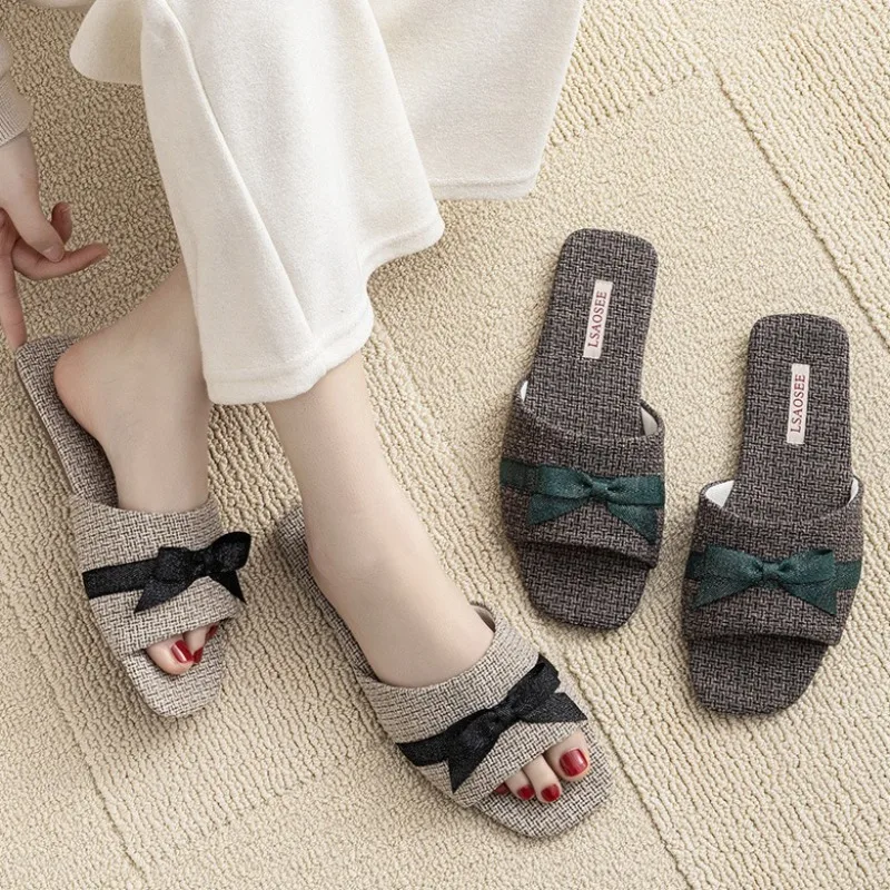 الراحة زوجين شبشب منزل Bowknot الكتان القماش مصمم المفتوحة تو تنفس شبشب منزل خفيفة الوزن شقة أحذية نسائية