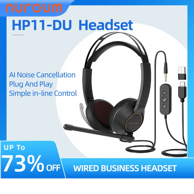 

NUROUM HP11-DU Проводная гарнитура на основе ИИ с шумоподавлением, USB-гарнитура для ПК, ноутбука с микрофоном