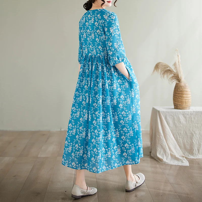 Niebieska spódnica midi z nadrukiem białych lodowych kwiatów, damska, letnia, nowa, z paskiem, długa spódnica plus size, kwiecista, cienka, z włókna poliestrowego.