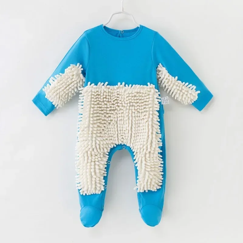 Baby Boys Girls Cleaning Mop Romper Baby Mop Clothes Long Sleeve Crawling Clothes Jumpsuit Cotton Infant Mop Suit