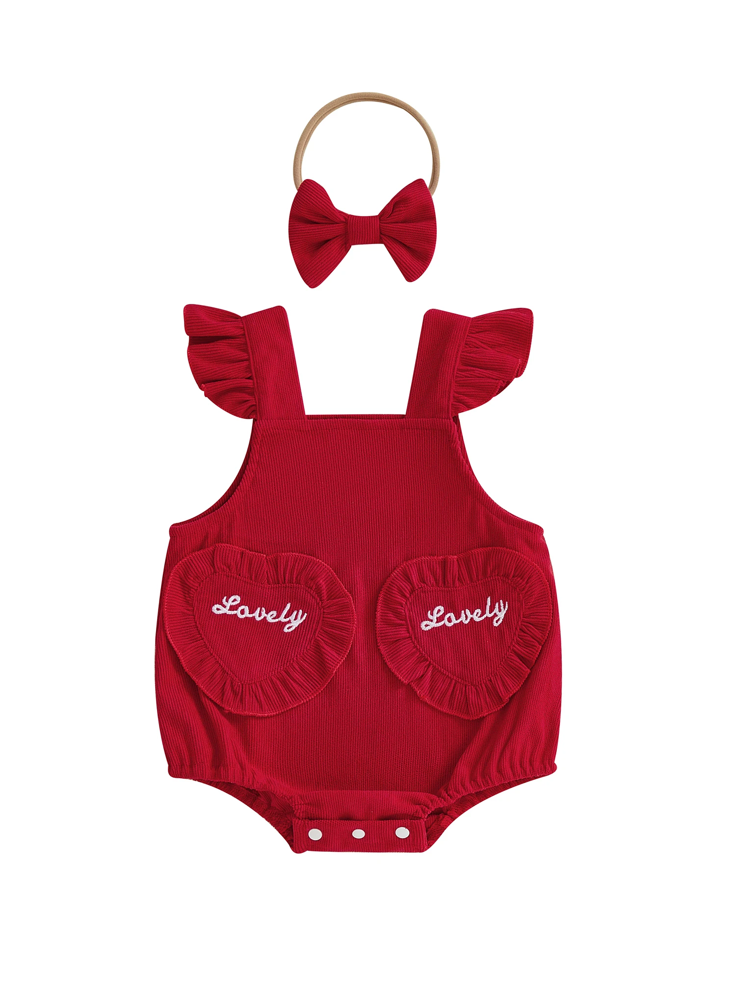 

Valentine s Day Toddler Girls 2 Piece Set Sleeveless Square Neckline Heart Embroidery Denim Romper with Bow Headband