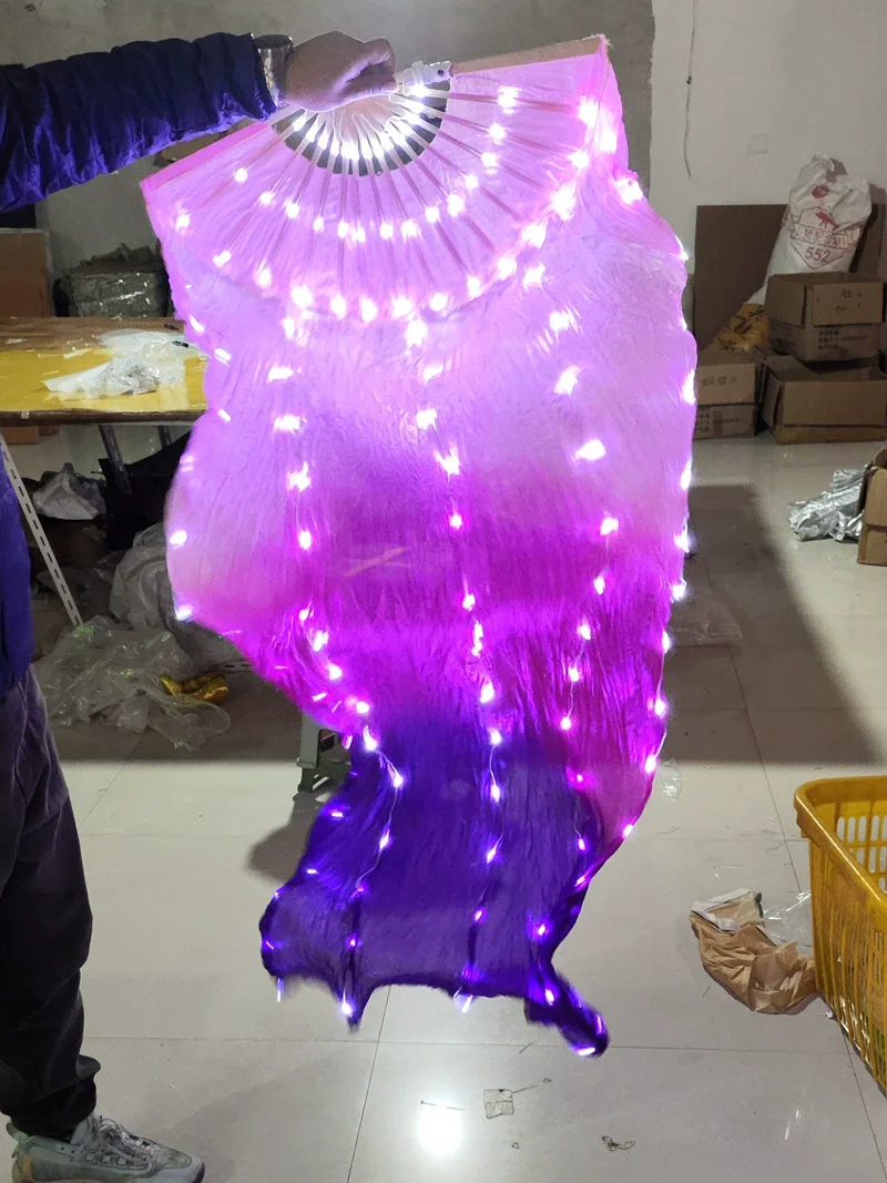 Factory Direct Sales Fuchsia-Purple Silk Dancing Fan Rechargeable LED Light Fan Professional Belly Dance Props Accessories