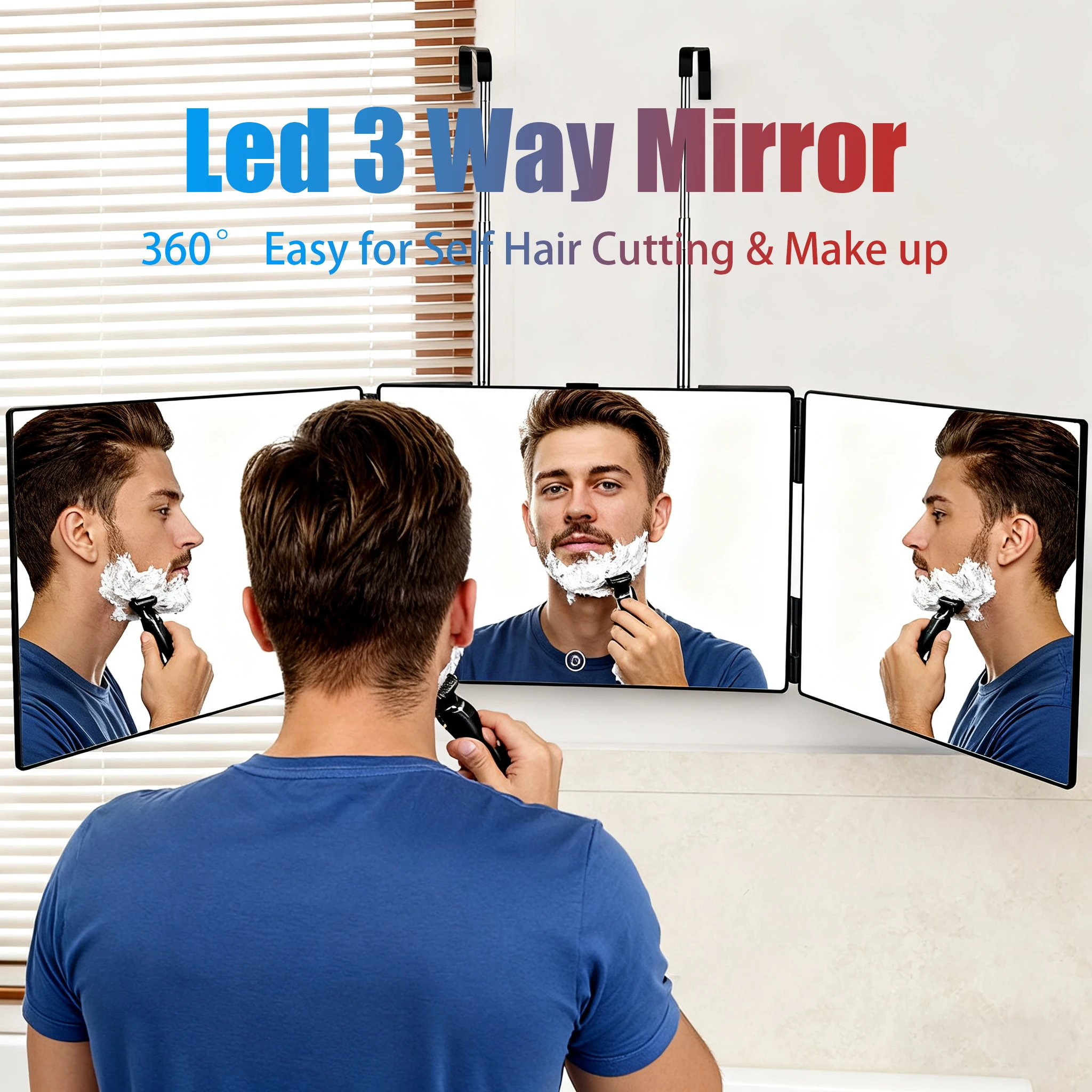 Multi-Function 3-Way Self Haircut Tool - Rechargeable LED Lights, Adjustable Height, 360° Rotation for Back-Head Visibility