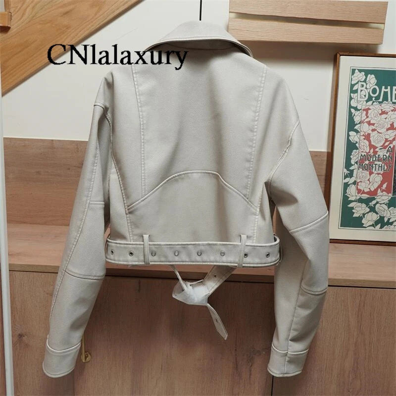 New Coal graysty le Women\'s washed leather jacket belt short coat zipper vintage jacket chaquetas leather bike jacket women