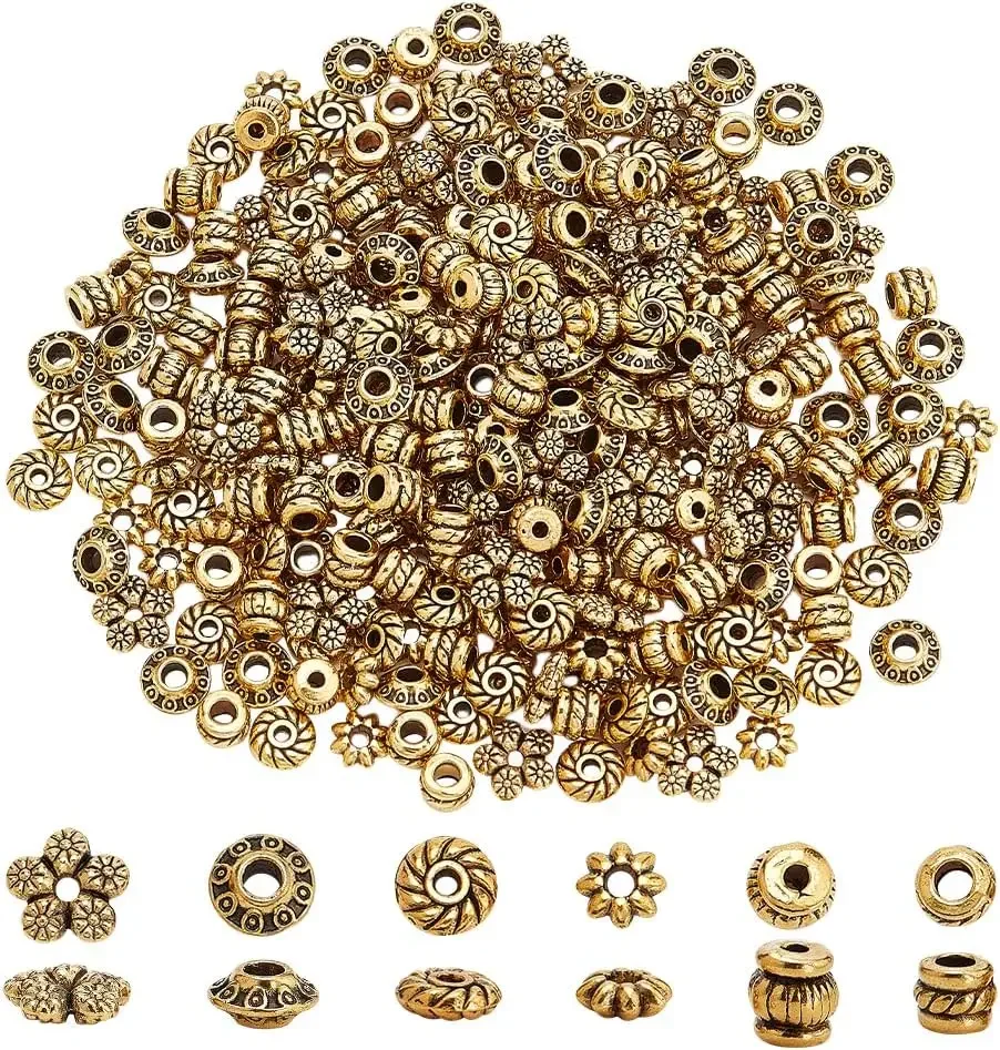 

300pcs Tibetan Spacer Beads, 6 Style Antique Golden Spacers Alloy Metal Tube Beads Flower Flat Rondelle Small Loose Beads