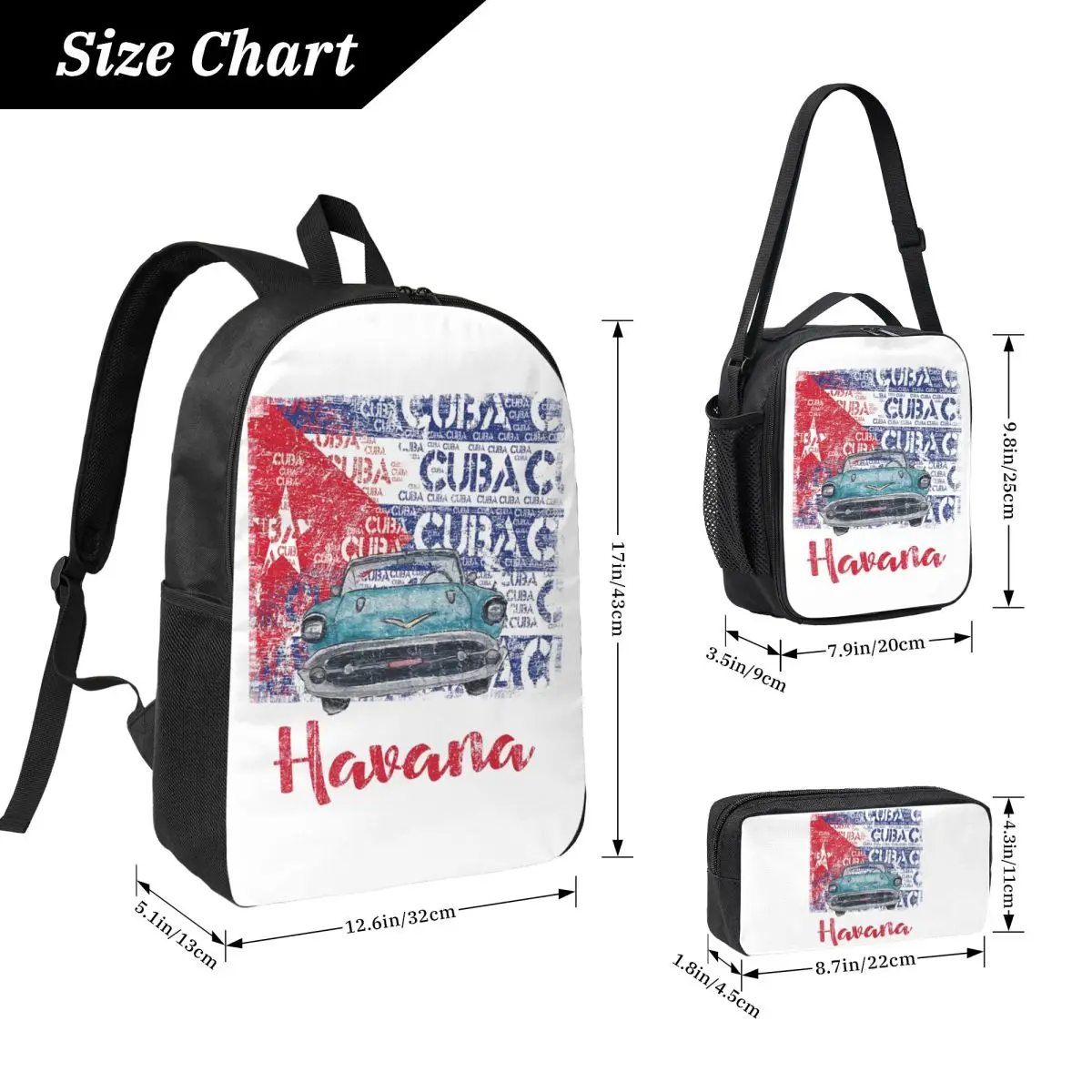 Cuba Cuban Havana Flag Gift Backpack Student BookBag School Bag Computer Shoulder Bags 3ps Insulated Lunch Bag Pencil Case