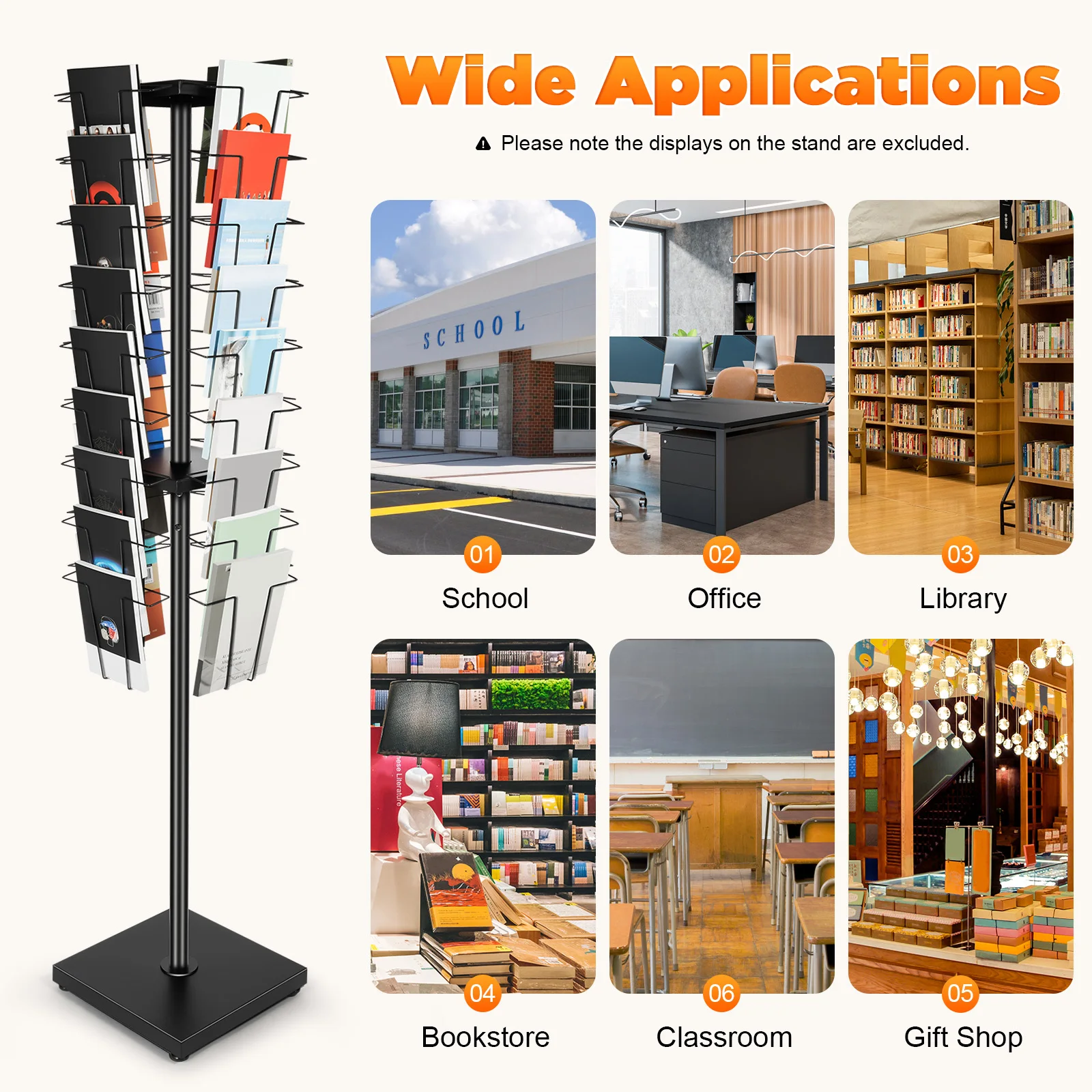 36-Pocket 360° Rotating Magazine Rack Display Stand Flyer Storage Tower Floor-standing Document Organizer