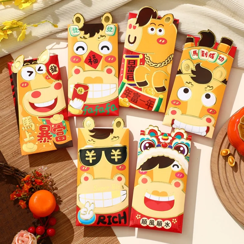 عبوات حمراء محظوظة مصممة على شكل حصان كرتوني، 6 قطع من مظاريف هدايا احتفالية لحفلات أعياد الميلاد وحفلات الزفاف