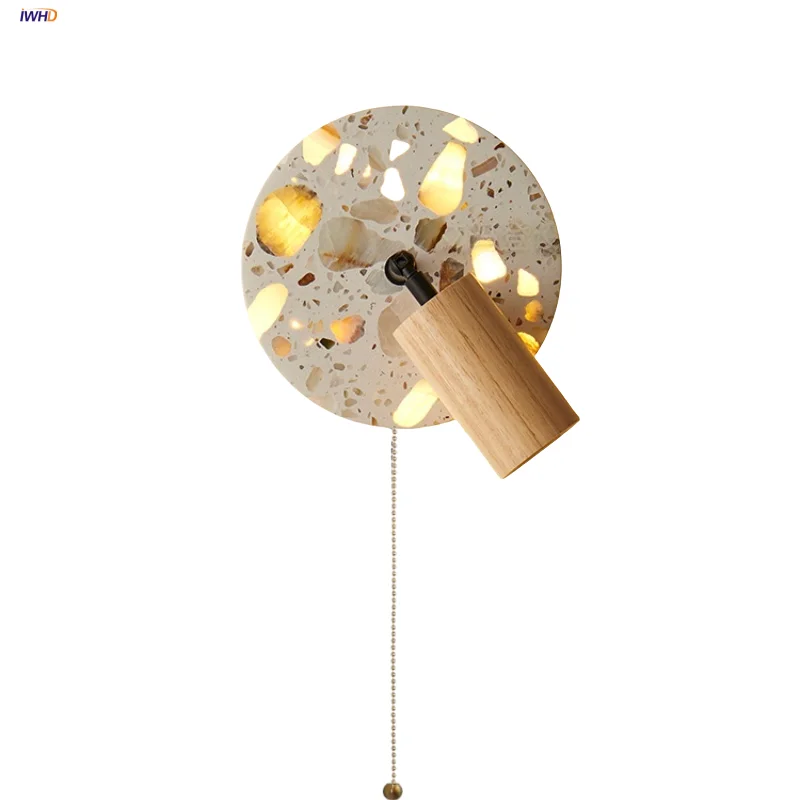 

IWHD Stone Terrazzo LED Wall Lights Hallway Bedroom Reading Iron Rotate Pull Chain Switch 2 Wall Light Source Wood Bedside Lamp
