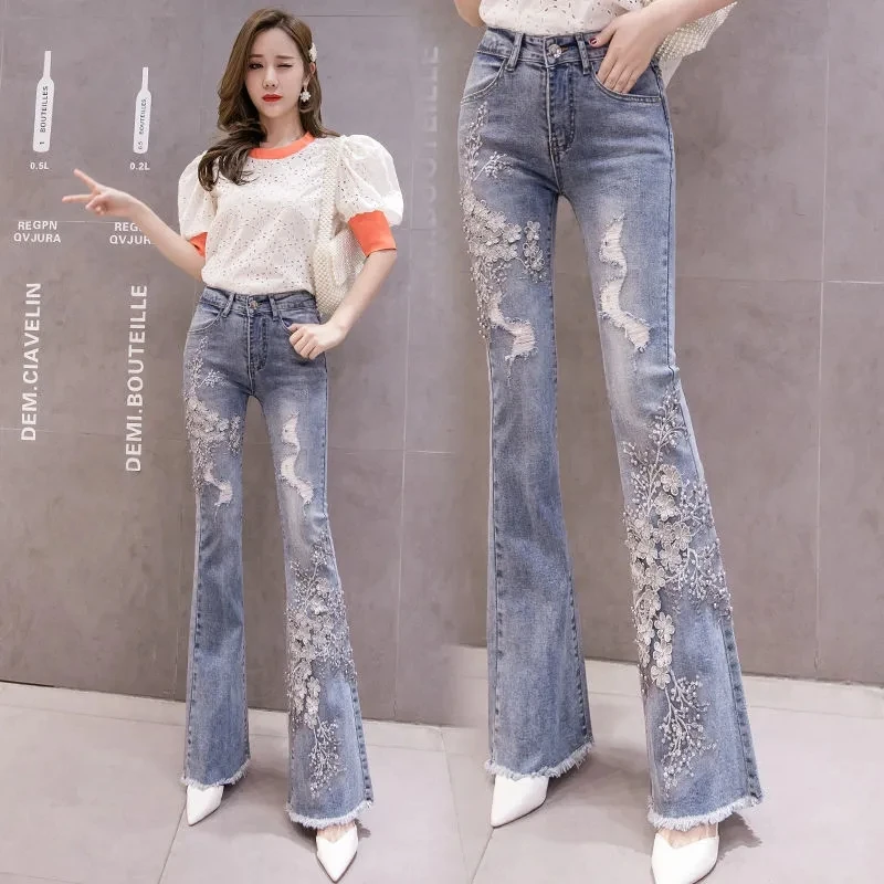 Heavy Industry Embroidery Jeans Female 2023 Spring New High Waist Pant Raw Edge Beaded Slim Pants Flared Jeans Fashion Hole LA88