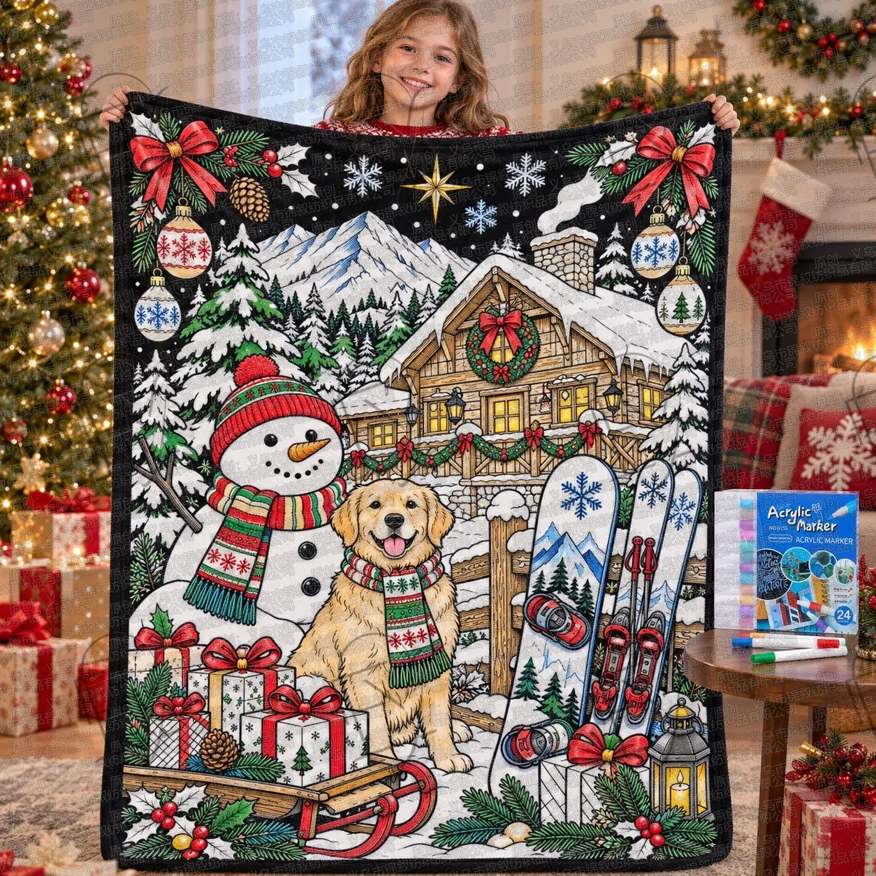 Fleece Throw Blanket Christmas Dino Dinosaur Mug Cocoa Fireplace Half Painted Shabby Lodge Blanket Markers