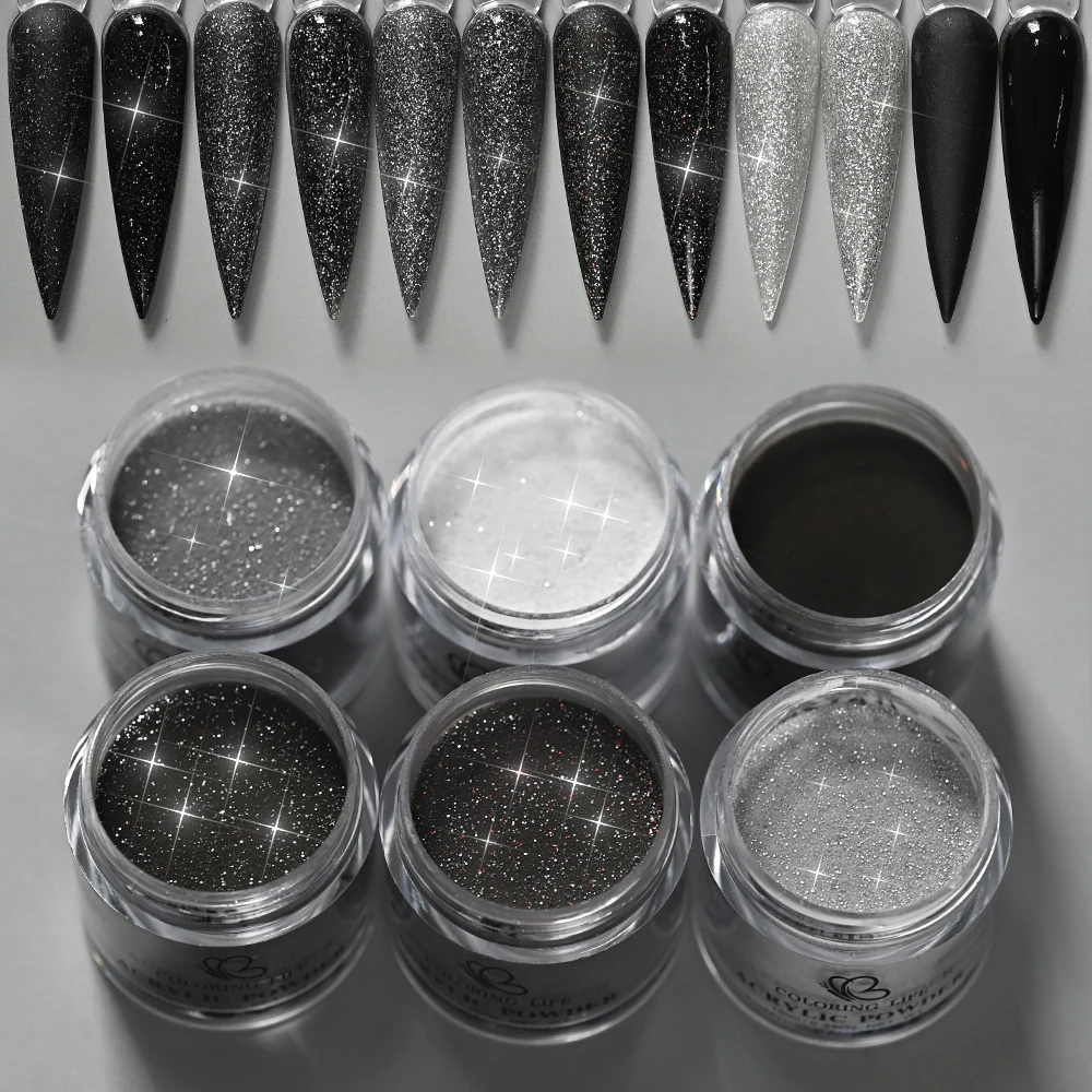 6Jars Glitter Acrylic Powder Set Shiny White Silver Black Nail Acrylic Pigment Nails Extension Dipping Carving Dust Net 0.7g/jar