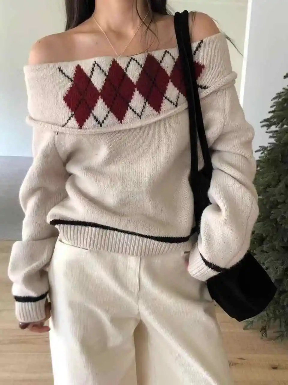 

2025 Autumn Winter Women Vintage Slash Neck Long Sleeve Cuddly Sweater Fair lsle Knitting Knitwear Jerseys 2000s Pullovers New