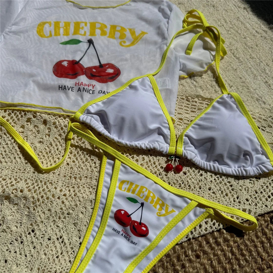 Kurzarm-T-Shirt mit Kirschmuster, Bikini, Damen-Badebekleidung, dreiteiliges Bikini-Set, Badeanzug, Badebekleidung, Modell V7132. – Detail 11
