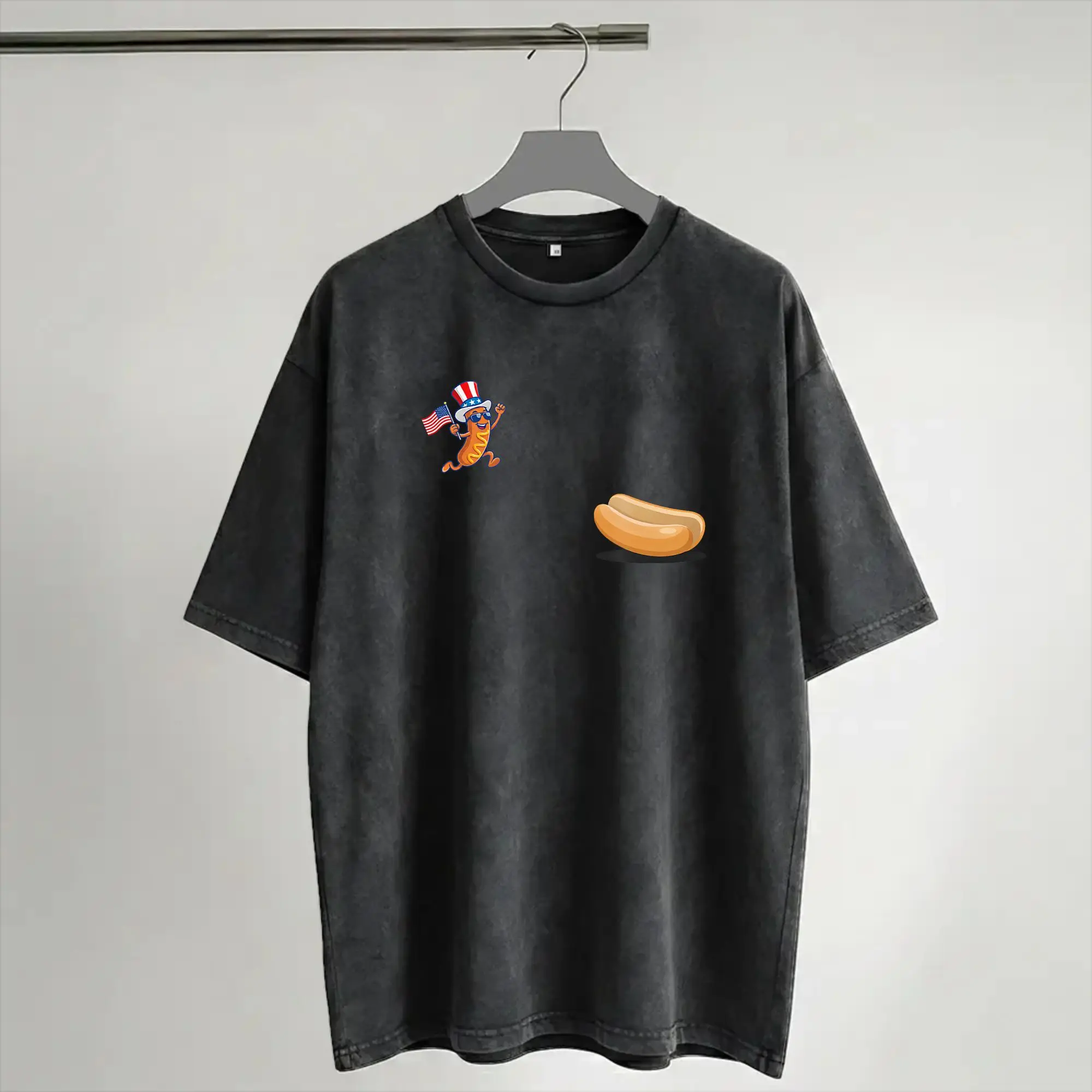 Harajuku Washed Shirts Freedom Dive Hotdog Hotdog Jumping Into Bun Accessories Vintage T Shirt High Street  Streetwear