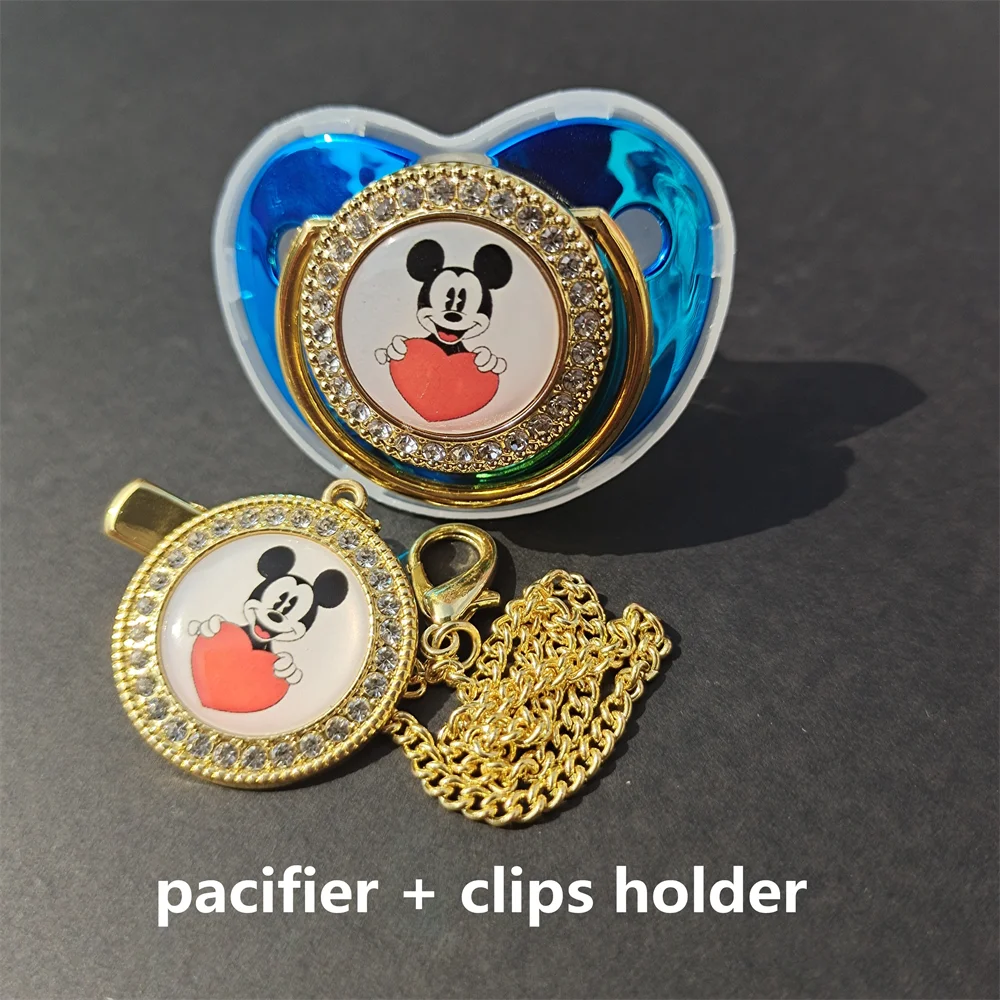 [1 Set] Disney Deluxe Mickey Pacifier with Chain Clip Bling Newborn Baby Girl Boy Pacifier Unique Baby Shower Gift Chupetes0-24M