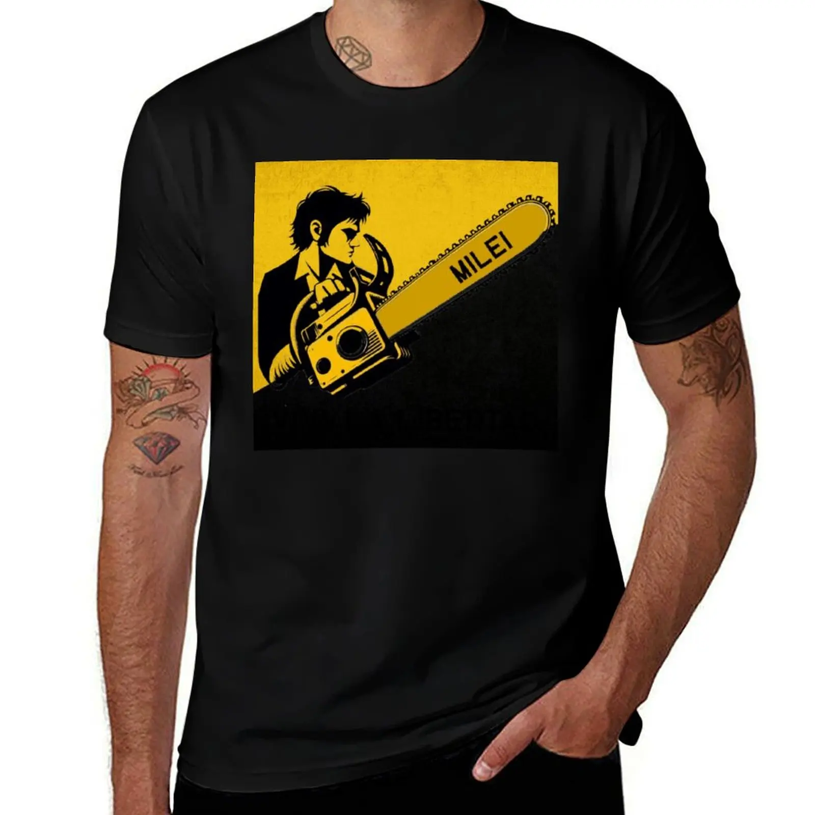 

Javier Milei with chainsaw, (with background) T-Shirt t shirt man luxury man t shirts for men t shirts for man slim fit T-shirt