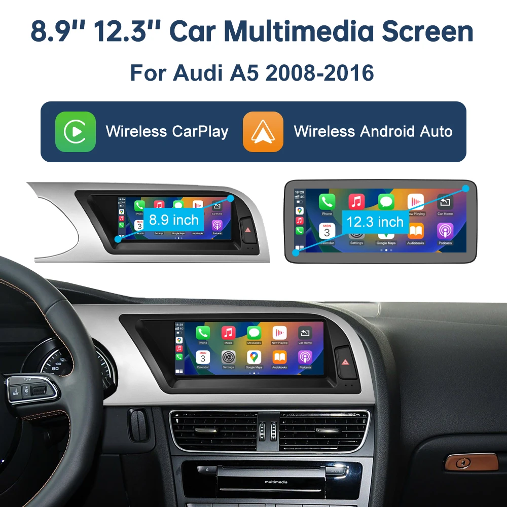 8.9'' Road Top Multimedia Display Touch Screen For Audi A5 S5 2008-2016 Airplay Miracast Function Wireless Carplay Android Auto