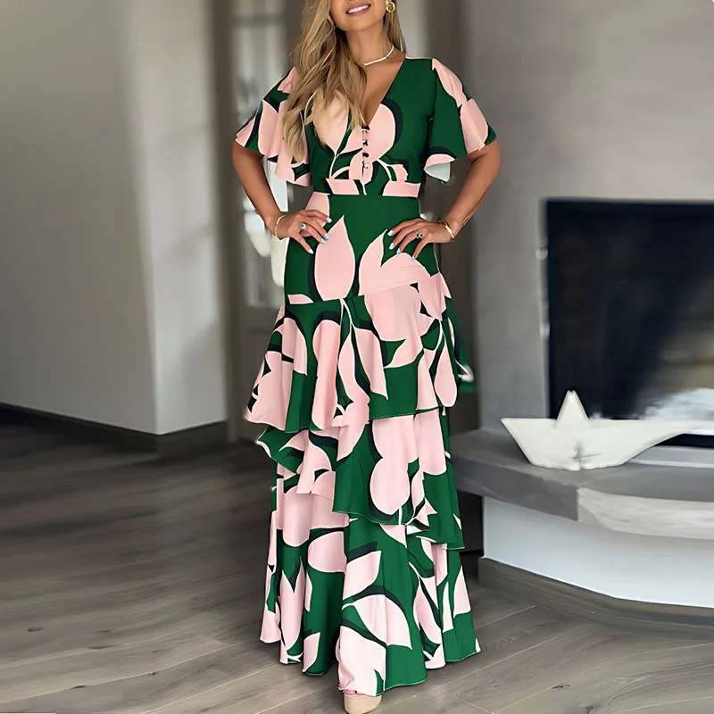 

Elegant Print Button Commute Long Dress Summer V Neck High Waist Dress Fashion Short Sleeve Temperament Cake Layered Party Dress