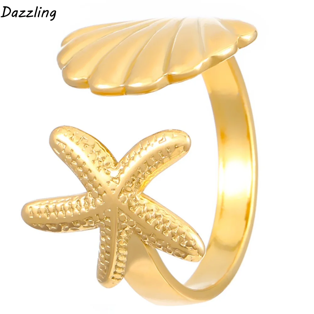 

Aesthetic Elegant Shell Starfish Rings Alloy Gold Open Finger Rings Silver Adjustable Stainless Steel Rings Wedding