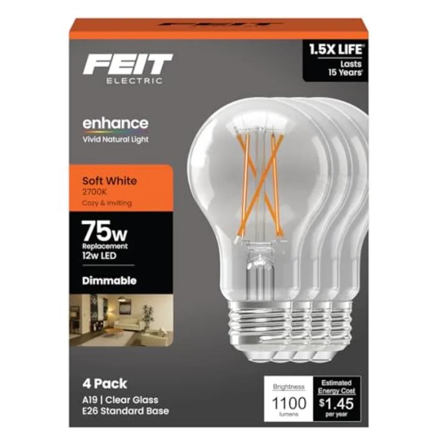 

A19 LED Light Bulb, 75W Equivalent, 1100 Lumens,,Dimmable, Clear Glass, E26 Base, General Purpose LED Light Bulbs, 17, 000-Hour